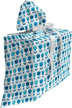 Ambesonne Floral Fabric Gift Bag, Holland Tulips Aligned Horizontally Folk Pattern Continuous Illustration, Present Sack for Parties Birthdays with 3 Ribbons, 27, Sea Blue Multicolor