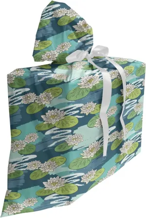 Ambesonne Floral Fabric Gift Bag, Water Lily Flowers and Leaves on Wetland Themed Background Colored in Cold Tones, Present Sack for Parties Birthdays with 3 Ribbons, 27, Multicolor