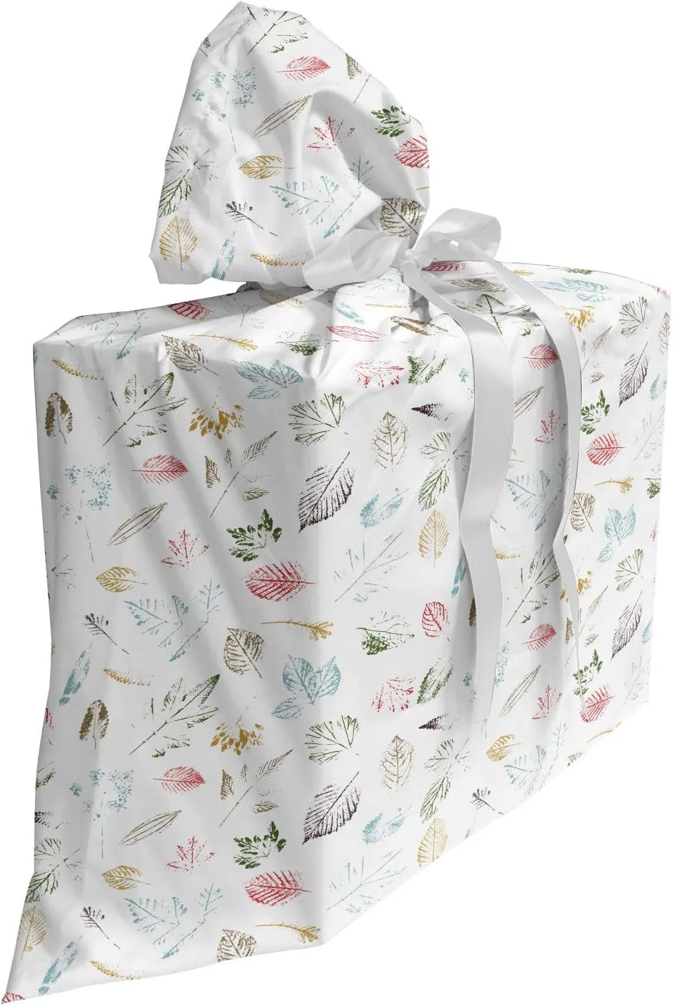 Ambesonne Foliage Fabric Gift Bag, Botanical Theme Leaf Imprints Various Autumn Elements Pattern Natural Art, Present Sack for Parties Birthdays with 3 Ribbons, 27, Multicolor