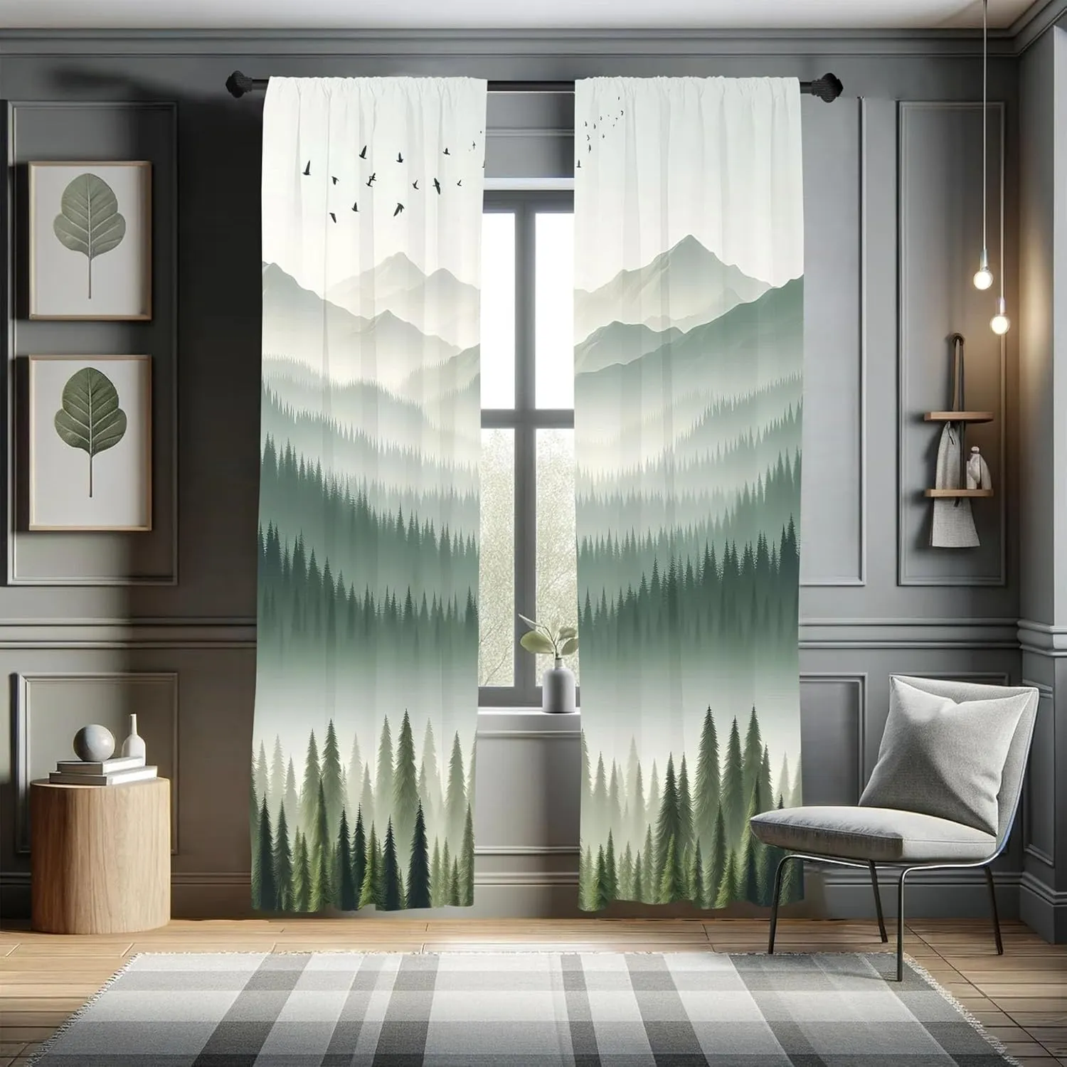 Ambesonne Green Window Curtains, Contemporary Minimalist Lands of Wild Forest and Misty Mountain Range Print, Lightweight Decorative 2-Panel Set & Rod Pocket, Pair of - 28" x 63", Cadet Blue Grey Teal