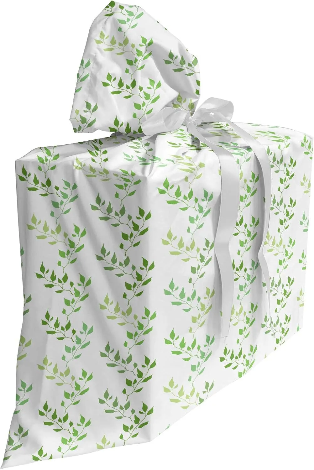 Ambesonne Leaf Gift Bag, Symmetrical Olive Leaves and Wavy Branches with Patterns Classical Illustration, Fabric Party Favor Pouch with 3 Ribbons, 27, Green