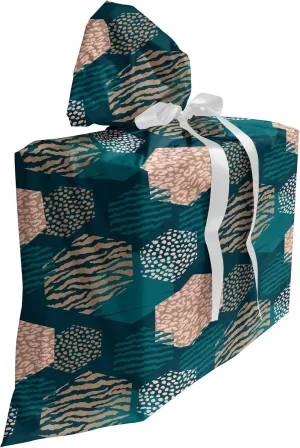 Ambesonne Leopard Fabric Gift Bag, Hexagons in Various Stripes Strokes and Blobs, Present Sack for Parties Birthdays with 3 Ribbons, 27, Dark Teal Pale Salmon