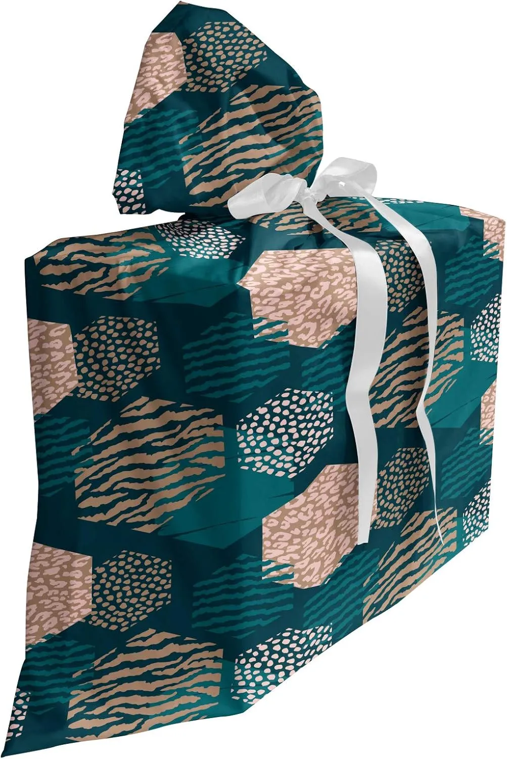 Ambesonne Leopard Fabric Gift Bag, Hexagons in Various Stripes Strokes and Blobs, Present Sack for Parties Birthdays with 3 Ribbons, 27, Dark Teal Pale Salmon