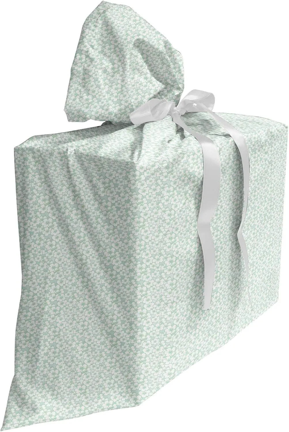 Ambesonne Luau Fabric Gift Bag, Flourish Pattern with Blossoming Hibiscus Flowers Springtime in Hawaii Theme, Present Sack for Parties Birthdays with 3 Ribbons, 27, Mint Green and White
