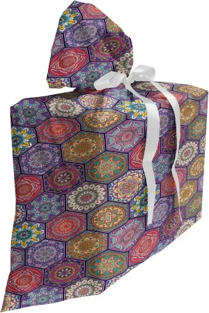 Ambesonne Mandala Fabric Gift Bag, Hexagonal Pattern with Orient Cultural Arrangement and Antique Flowers, Present Sack for Parties Birthdays with 3 Ribbons, 27, Multicolor