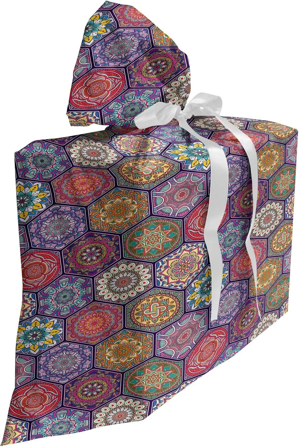 Ambesonne Mandala Fabric Gift Bag, Hexagonal Pattern with Orient Cultural Arrangement and Antique Flowers, Present Sack for Parties Birthdays with 3 Ribbons, 27, Multicolor