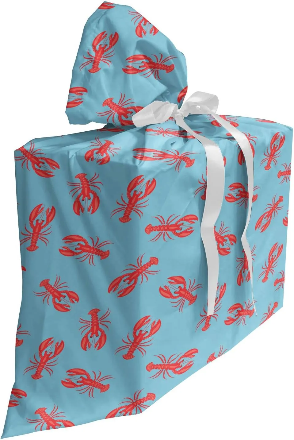 Ambesonne Nautical Fabric Gift Bag, Demonstration of Sea Organisms Repeated Lobsters Marine Life Animals, Present Sack for Parties Birthdays with 3 Ribbons, 27, Dark Coral and Blue