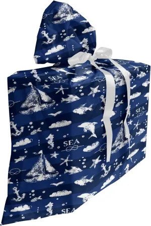 Ambesonne Navy Blue Fabric Gift Bag, Sailboat Vertical Stripe Pattern Anchor Fishes Gulls Paint Effect Nautical Theme, Present Sack for Parties Birthdays with 3 Ribbons, 27, Blue White