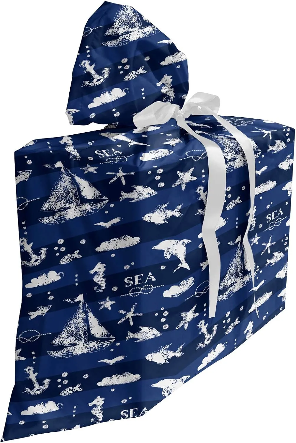 Ambesonne Navy Blue Fabric Gift Bag, Sailboat Vertical Stripe Pattern Anchor Fishes Gulls Paint Effect Nautical Theme, Present Sack for Parties Birthdays with 3 Ribbons, 27, Blue White