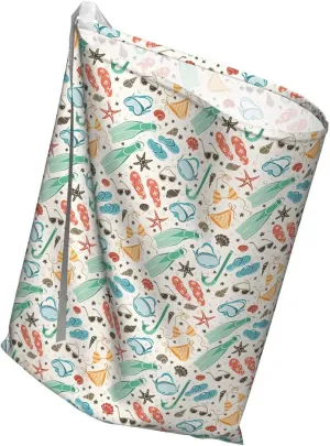 Ambesonne Summer Fabric Gift Bag, Continuous Beach Accessories in Vintage Colors Swimsuits Shells Flippers, Present Sack for Parties Birthdays with 3 Ribbons, 27, Ivory Multicolor