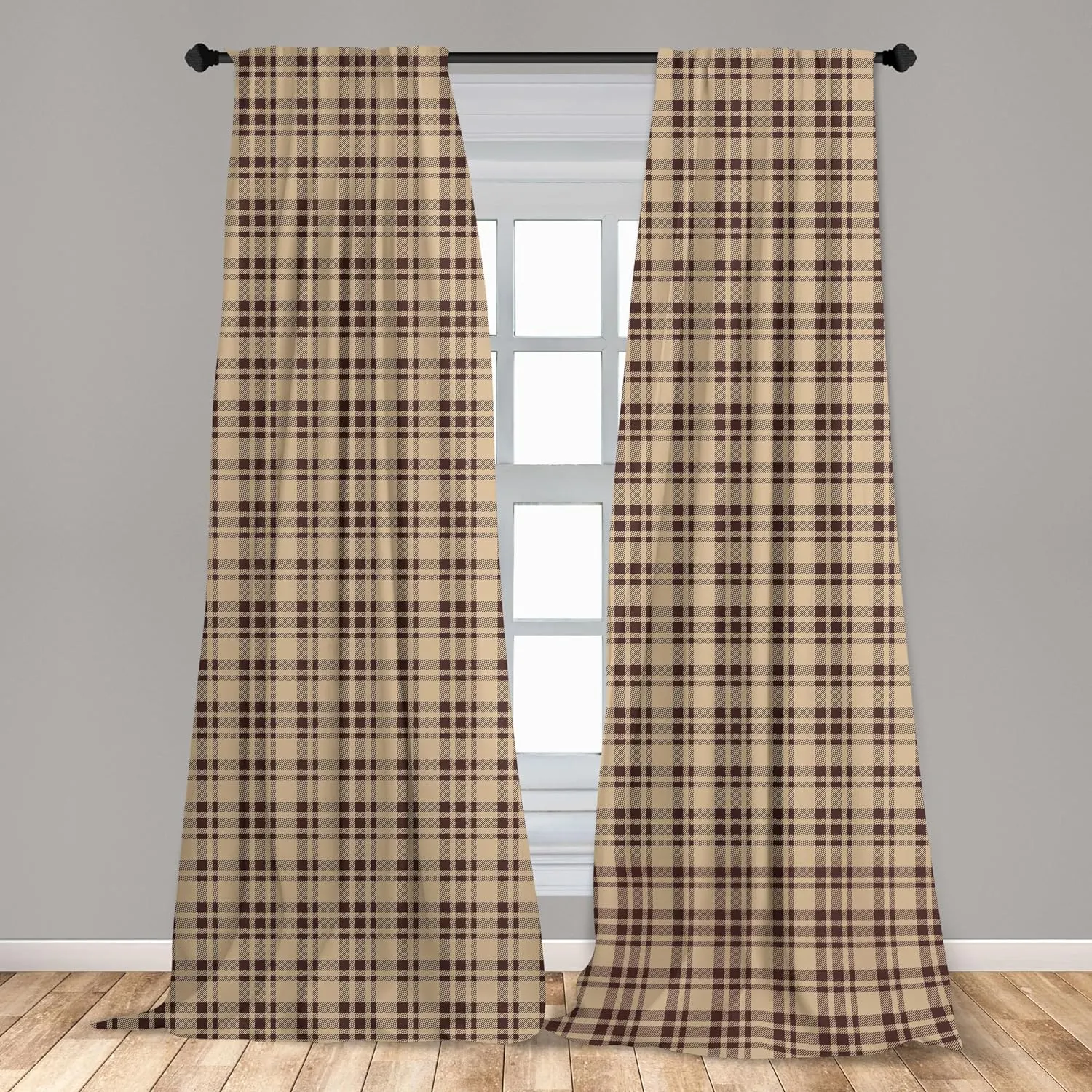 Ambesonne Tan and Brown Curtains, Old Fashioned Check Plaid Pattern Scottish Tartan Inspired Geometric Design, Window Treatments 2 Panel Set for Living Room Bedroom, Pair of - 28" x 63", Brown Tan