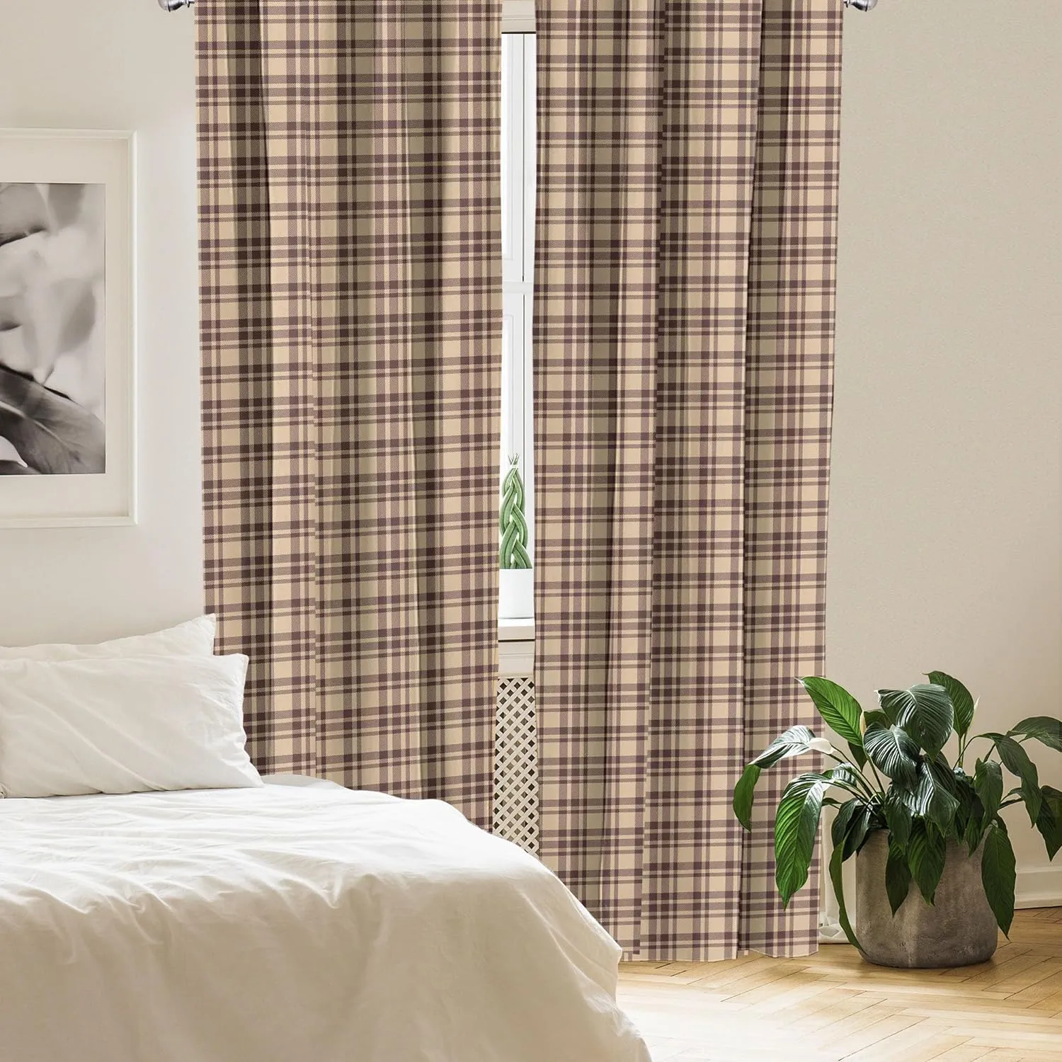 Ambesonne Tan and Brown Curtains, Old Fashioned Check Plaid Pattern Scottish Tartan Inspired Geometric Design, Window Treatments 2 Panel Set for Living Room Bedroom, Pair of - 28" x 63", Brown Tan