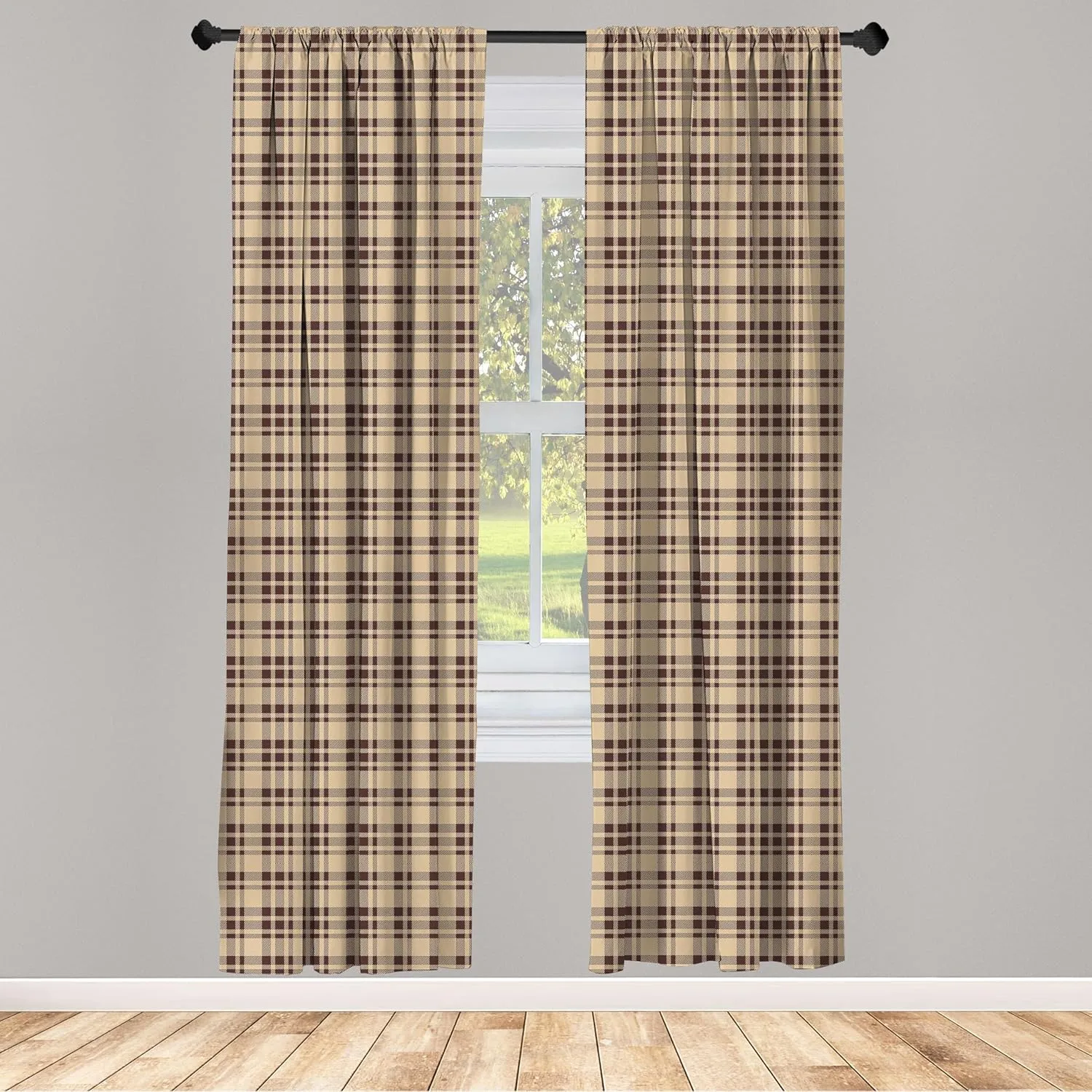 Ambesonne Tan and Brown Curtains, Old Fashioned Check Plaid Pattern Scottish Tartan Inspired Geometric Design, Window Treatments 2 Panel Set for Living Room Bedroom, Pair of - 28" x 63", Brown Tan