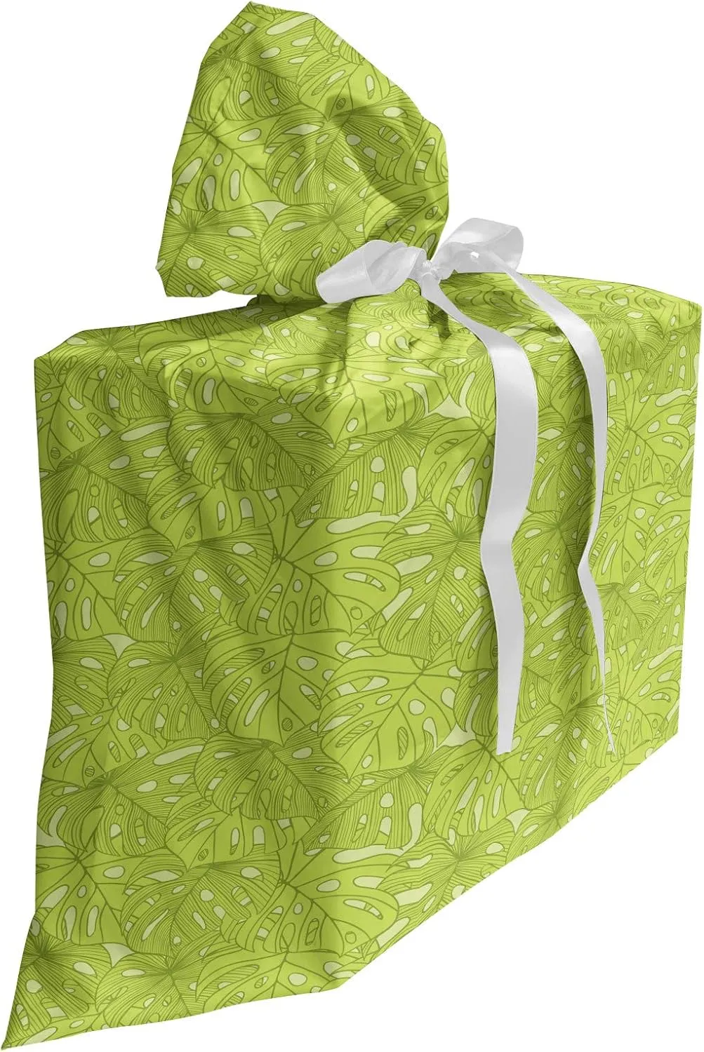Ambesonne Tropic Gift Bag, Doodle Stylize Pattern of Overlap Monstera Leaves Hawaiian Foliage, Fabric Party Favor Pouch with 3 Ribbons, 27, Apple Green Olive Green