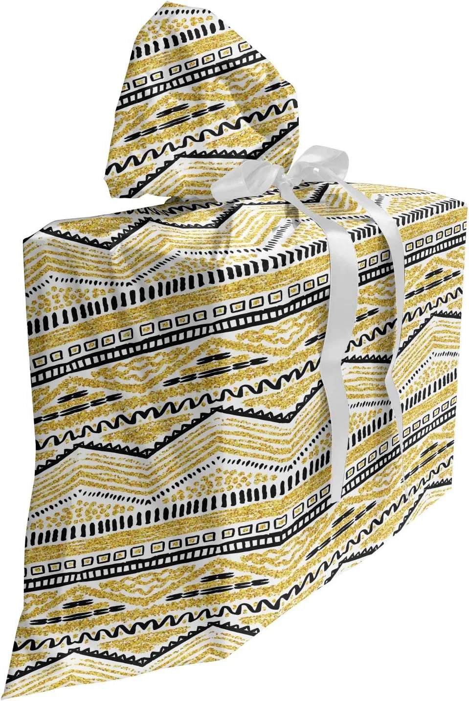 Ambesonne Yellow and Black Gift Bag, Prehistoric Design with Zig Zag Lines Stripes Chevron, Fabric Party Favor Pouch with 3 Ribbons, 27, Yellow Black and White
