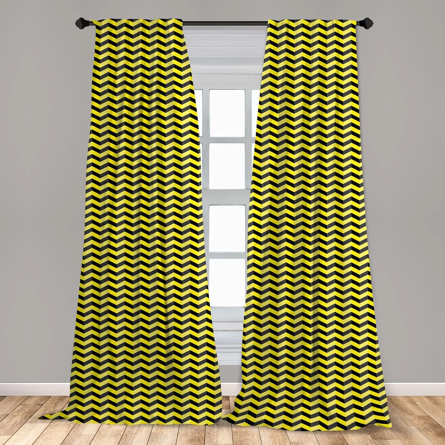 Ambesonne Yellow Chevron Curtains, Black and Yellow Chevron Pattern Danger Hazard Warning Sign Stripes Zigzag, Window Treatments 2 Panel Set for Living Room Bedroom, Pair of - 28" x 84", Black Yellow