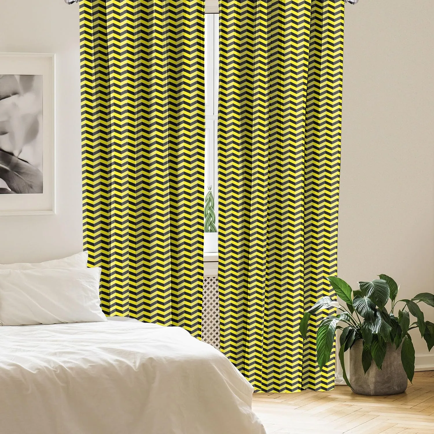 Ambesonne Yellow Chevron Curtains, Black and Yellow Chevron Pattern Danger Hazard Warning Sign Stripes Zigzag, Window Treatments 2 Panel Set for Living Room Bedroom, Pair of - 28" x 84", Black Yellow