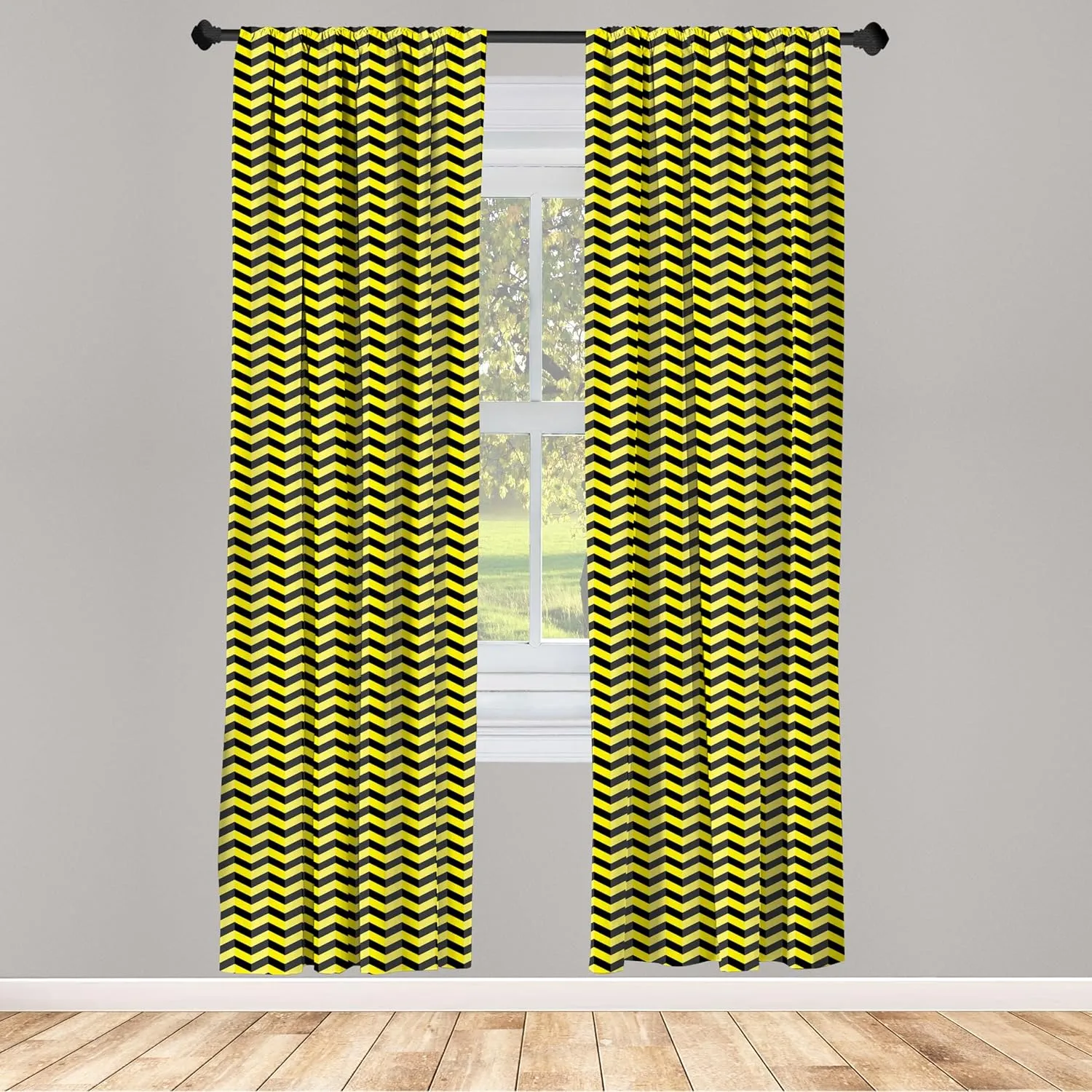 Ambesonne Yellow Chevron Curtains, Black and Yellow Chevron Pattern Danger Hazard Warning Sign Stripes Zigzag, Window Treatments 2 Panel Set for Living Room Bedroom, Pair of - 28" x 84", Black Yellow