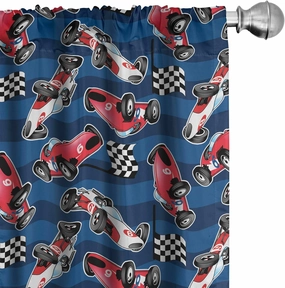 Ambesonne Cars Window Curtains, Vintage Racing Cars on Blue Stripes with Checkered Flags Automobile Sports, Lightweight Decor 2-Panel Set with Rod Pocket, Pair of - 28" x 63", Navy Blue