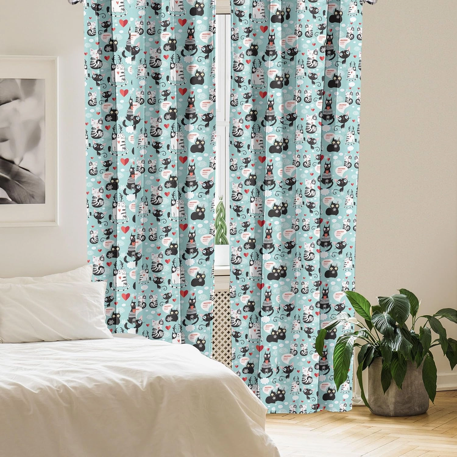 Ambesonne Cat Lover Window Curtains, Black and White Cats in Love Meow Print Among Hearts Daydreaming Kitties Cat Ears, Lightweight Decor 2-Panel Set with Rod Pocket, Pair of - 28" x 84", Pale Blue