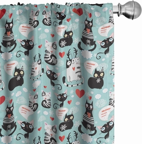 Ambesonne Cat Lover Window Curtains, Black and White Cats in Love Meow Print Among Hearts Daydreaming Kitties Cat Ears, Lightweight Decor 2-Panel Set with Rod Pocket, Pair of - 28" x 84", Pale Blue