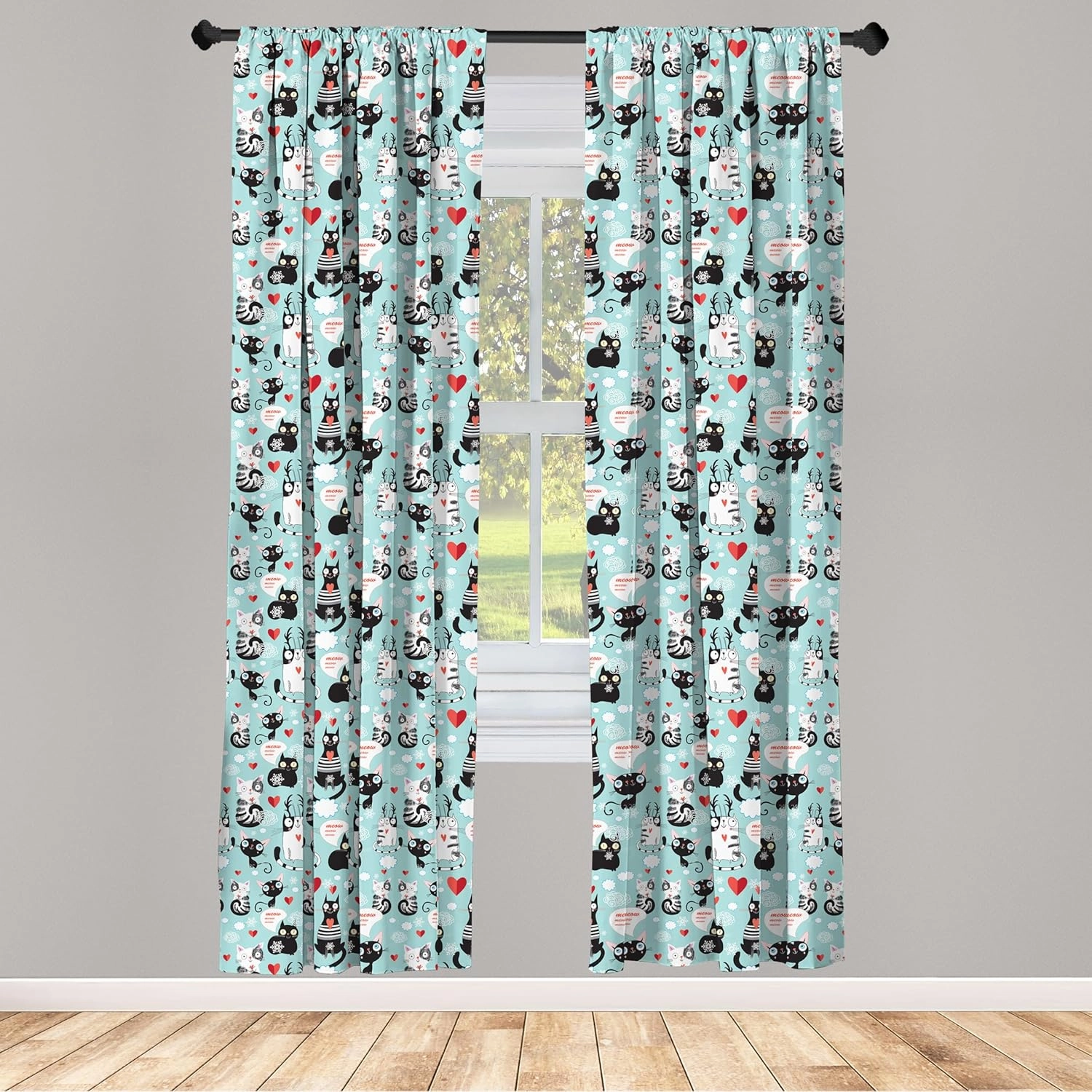 Ambesonne Cat Lover Window Curtains, Black and White Cats in Love Meow Print Among Hearts Daydreaming Kitties Cat Ears, Lightweight Decor 2-Panel Set with Rod Pocket, Pair of - 28" x 84", Pale Blue