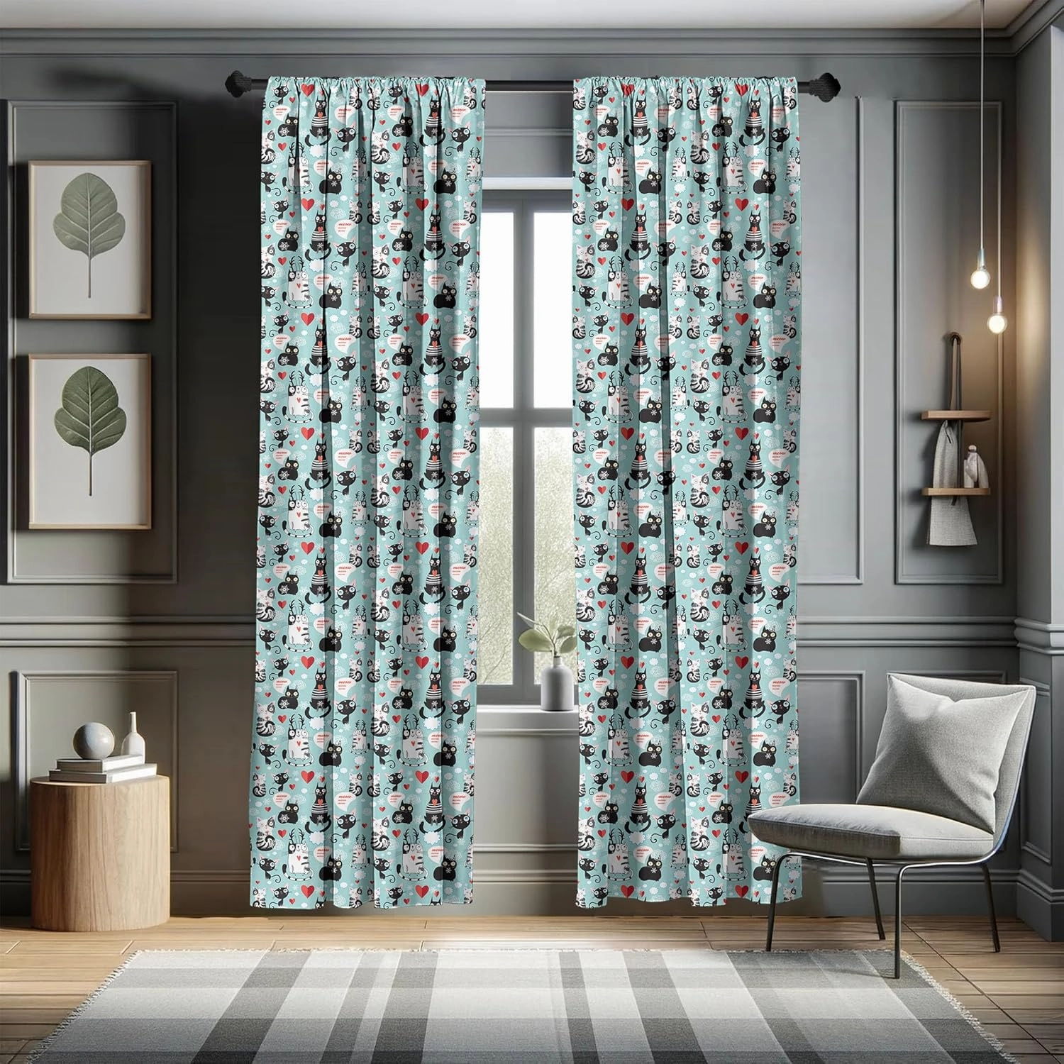 Ambesonne Cat Lover Window Curtains, Black and White Cats in Love Meow Print Among Hearts Daydreaming Kitties Cat Ears, Lightweight Decor 2-Panel Set with Rod Pocket, Pair of - 28" x 84", Pale Blue
