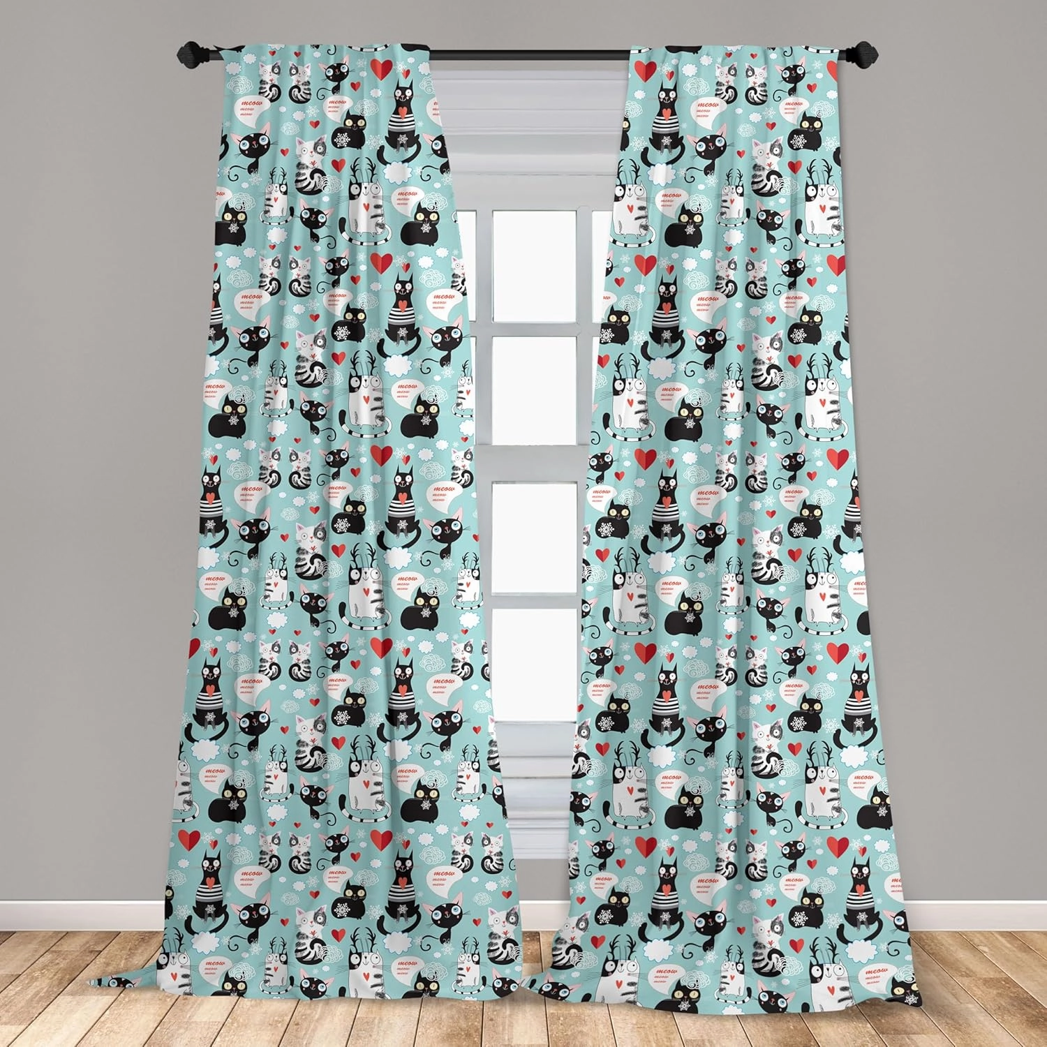 Ambesonne Cat Lover Window Curtains, Black and White Cats in Love Meow Print Among Hearts Daydreaming Kitties Cat Ears, Lightweight Decor 2-Panel Set with Rod Pocket, Pair of - 28" x 84", Pale Blue