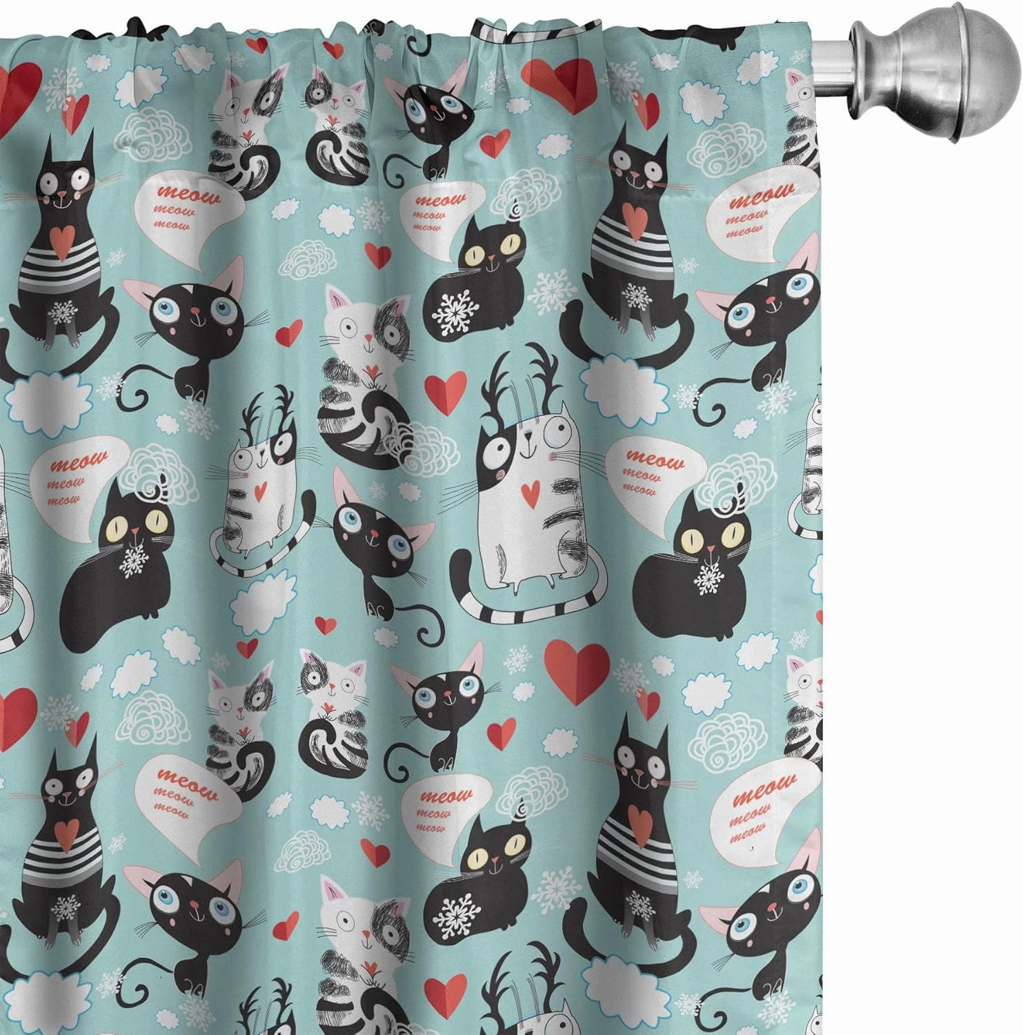 Ambesonne Cat Lover Window Curtains, Black and White Cats in Love Meow Print Among Hearts Daydreaming Kitties Cat Ears, Lightweight Decor 2-Panel Set with Rod Pocket, Pair of - 28" x 84", Pale Blue