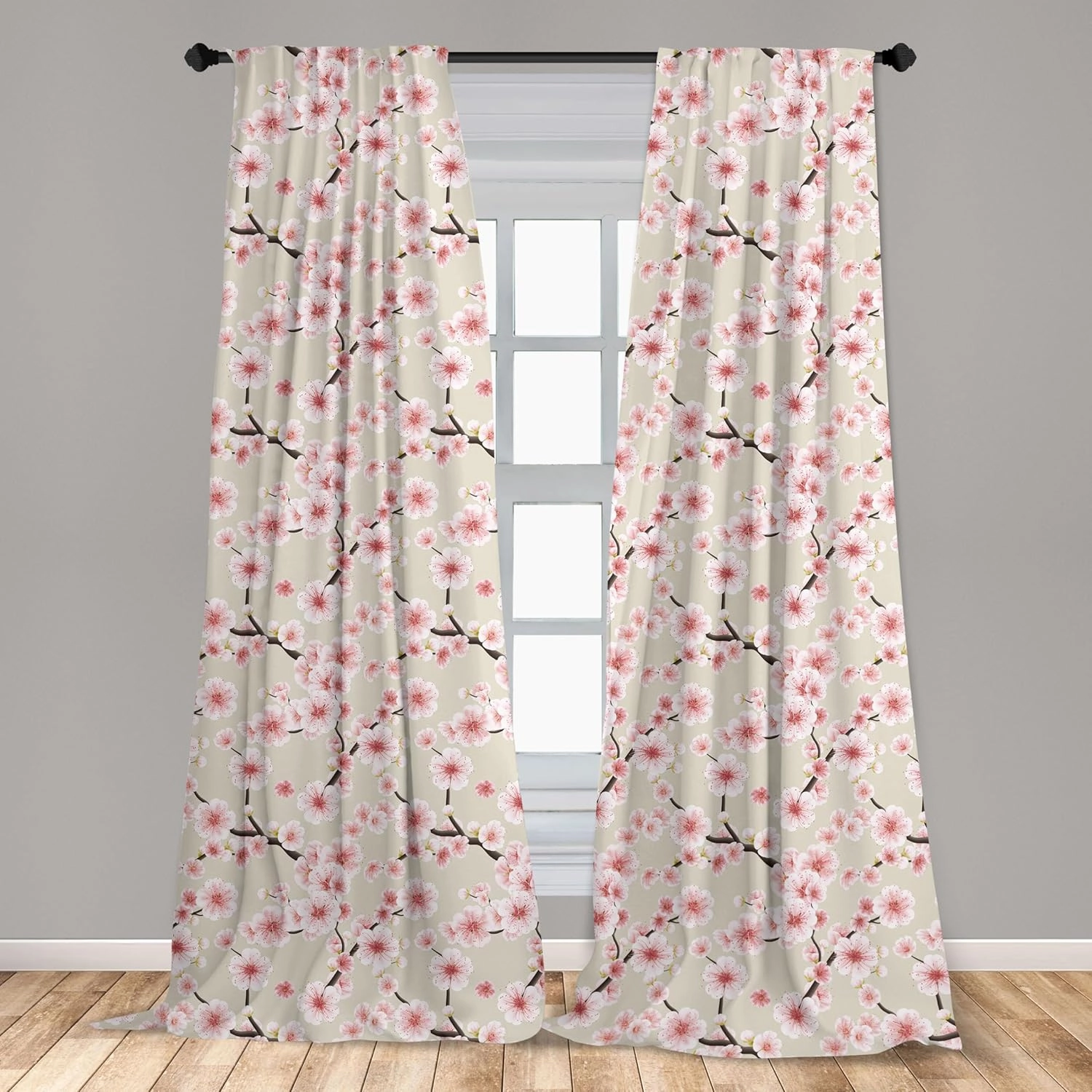 Ambesonne East Window Curtains, Japanese Flowering Cherry Blossom Symbolic Coming of Spring Season Eastern Inspired, Lightweight Decor 2-Panel Set with Rod Pocket, Pair of - 28" x 84", Beige Rose