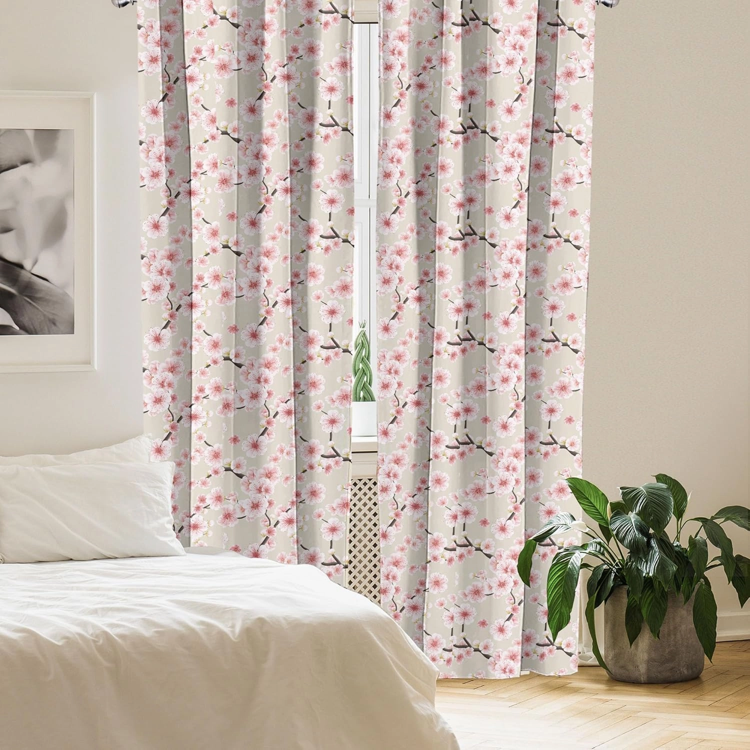 Ambesonne East Window Curtains, Japanese Flowering Cherry Blossom Symbolic Coming of Spring Season Eastern Inspired, Lightweight Decor 2-Panel Set with Rod Pocket, Pair of - 28" x 84", Beige Rose