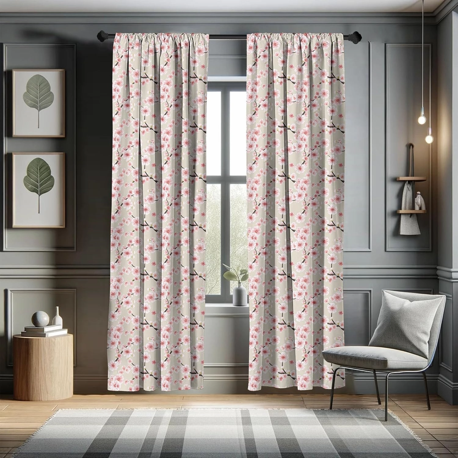 Ambesonne East Window Curtains, Japanese Flowering Cherry Blossom Symbolic Coming of Spring Season Eastern Inspired, Lightweight Decor 2-Panel Set with Rod Pocket, Pair of - 28" x 84", Beige Rose