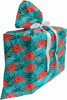 Ambesonne Exotic Gift Bag, Tropic Summer Botany Pattern with Hibiscus Flowers, Fabric Party Favor Pouch with 3 Ribbons, 27, Seafoam Coral