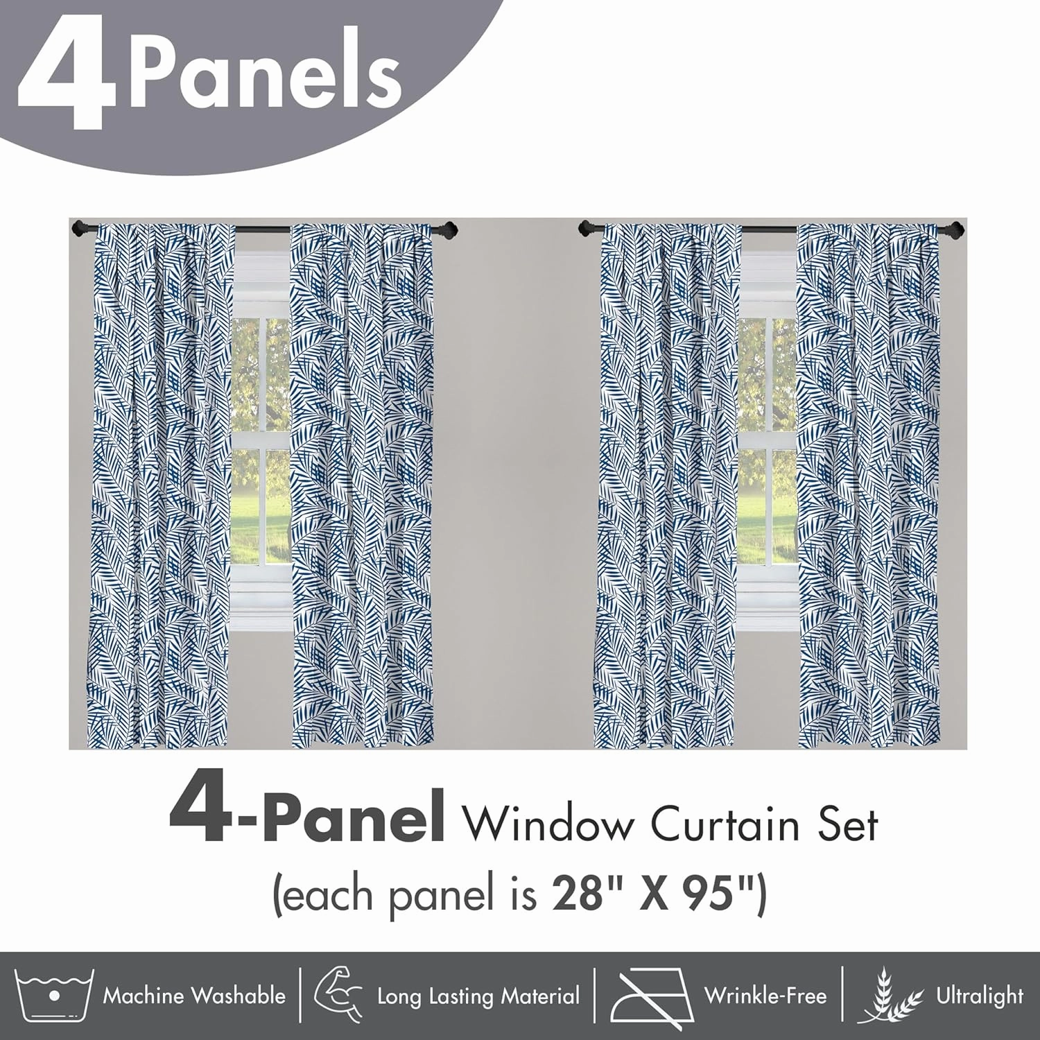 Ambesonne Leaf Print Window Curtain Panels 4 Pack, Tropical Rainforest Inspirations Blue Palm Tree Leaves Abstract Exotic Nature, Lightweight Set with Rod Pocket, 4 Panels of - 28"x95", White Blue