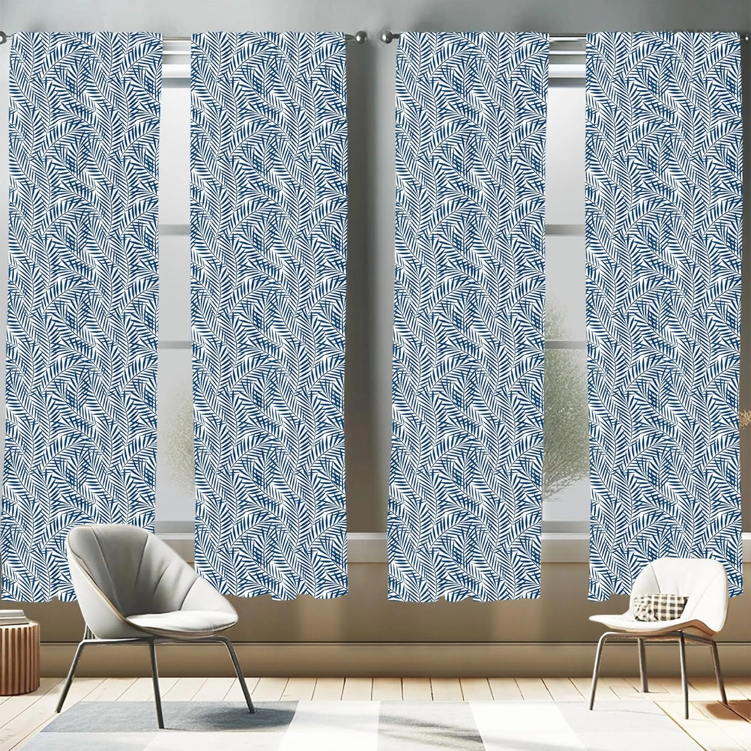 Ambesonne Leaf Print Window Curtain Panels 4 Pack, Tropical Rainforest Inspirations Blue Palm Tree Leaves Abstract Exotic Nature, Lightweight Set with Rod Pocket, 4 Panels of - 28"x95", White Blue