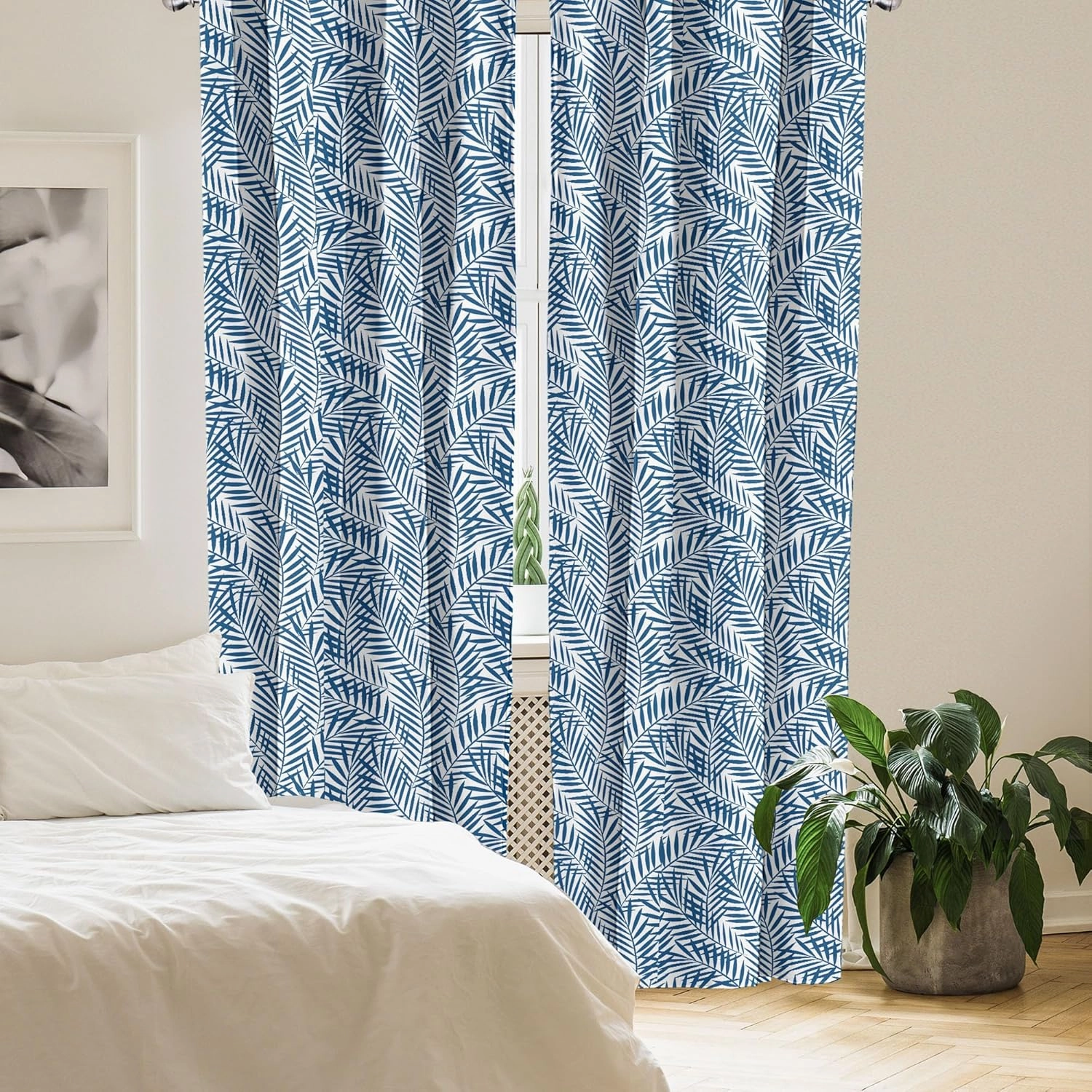 Ambesonne Leaf Print Window Curtain Panels 4 Pack, Tropical Rainforest Inspirations Blue Palm Tree Leaves Abstract Exotic Nature, Lightweight Set with Rod Pocket, 4 Panels of - 28"x95", White Blue