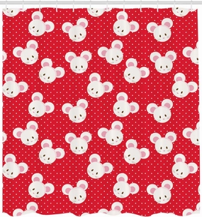 Ambesonne Mouse Shower Curtain, Pattern with Cartoon Animal on Warm Polka Dots 's Layout, Cloth Fabric Bathroom Decor Set with Hooks, 69" W x 75" L, Dark Pink and White