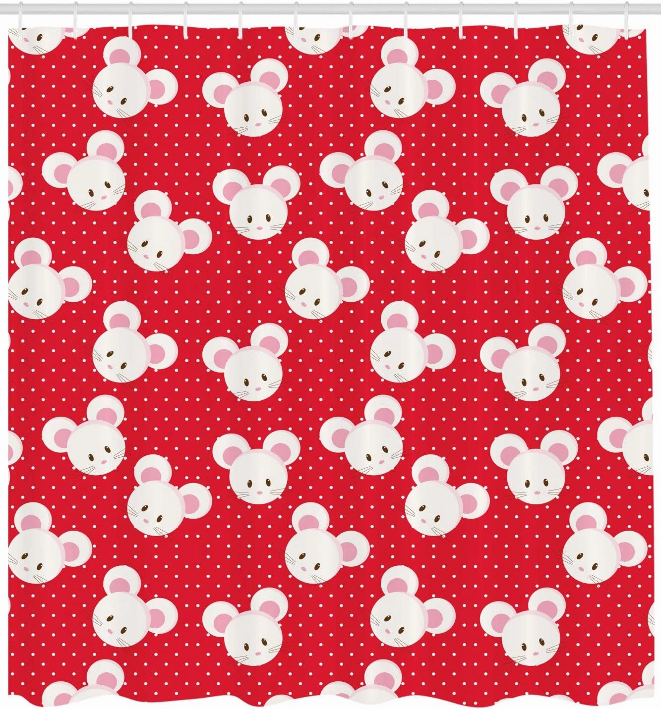 Ambesonne Mouse Shower Curtain, Pattern with Cartoon Animal on Warm Polka Dots 's Layout, Cloth Fabric Bathroom Decor Set with Hooks, 69" W x 75" L, Dark Pink and White