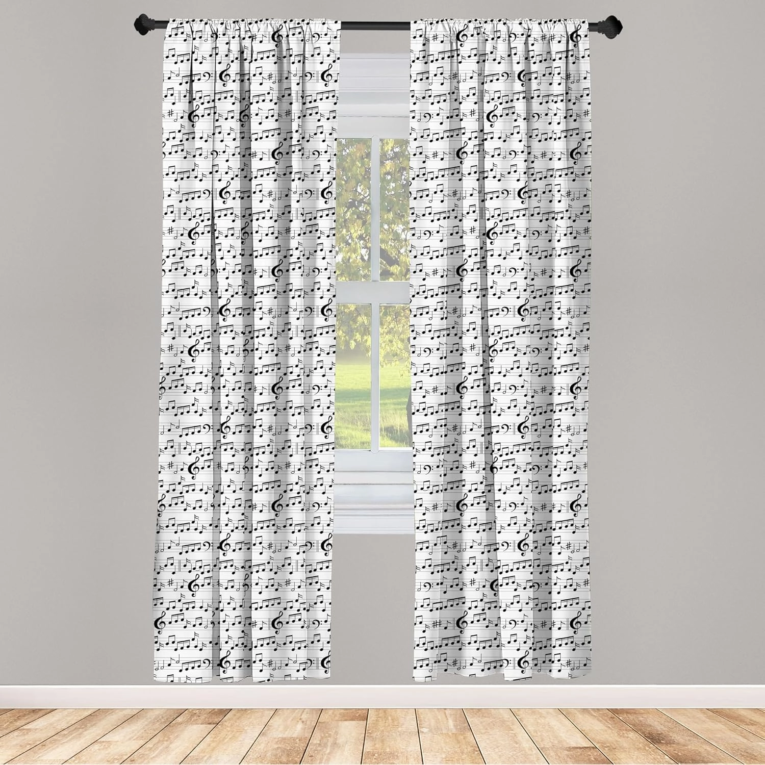 Ambesonne Music Window Curtains Pack of 2, Abstract Style Professional Pattern Notes and Clef Sheet Play Writing Print, Lightweight Set with Rod Pocket, 4 Panels of - 28" x 84", Black and White