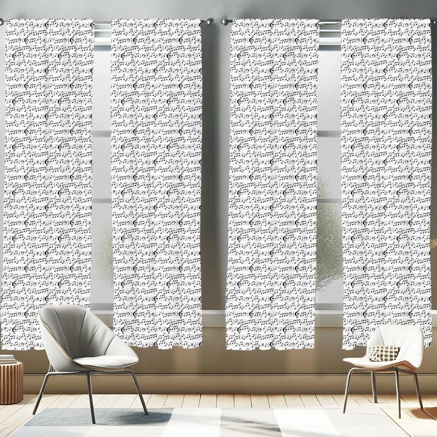 Ambesonne Music Window Curtains Pack of 2, Abstract Style Professional Pattern Notes and Clef Sheet Play Writing Print, Lightweight Set with Rod Pocket, 4 Panels of - 28" x 84", Black and White