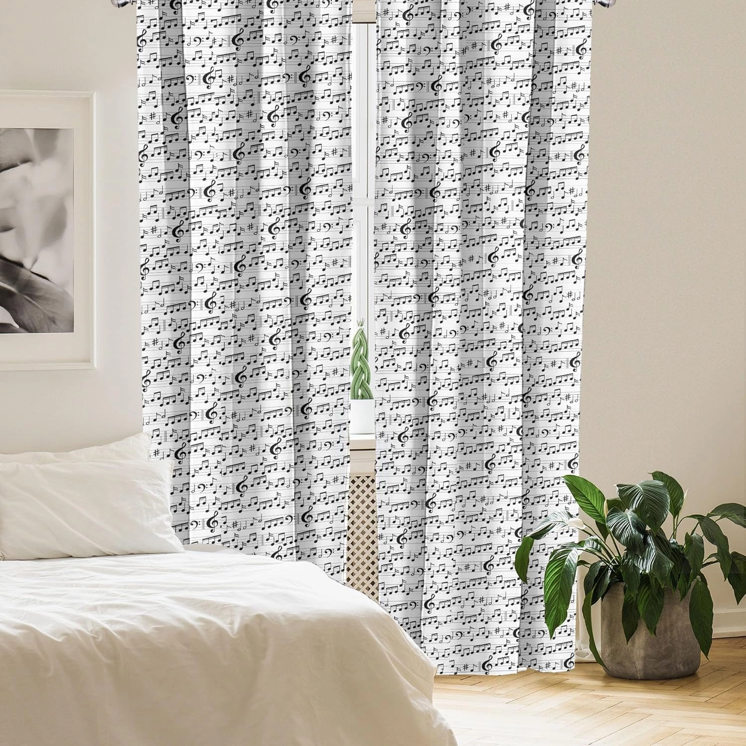 Ambesonne Music Window Curtains Pack of 2, Abstract Style Professional Pattern Notes and Clef Sheet Play Writing Print, Lightweight Set with Rod Pocket, 4 Panels of - 28" x 84", Black and White