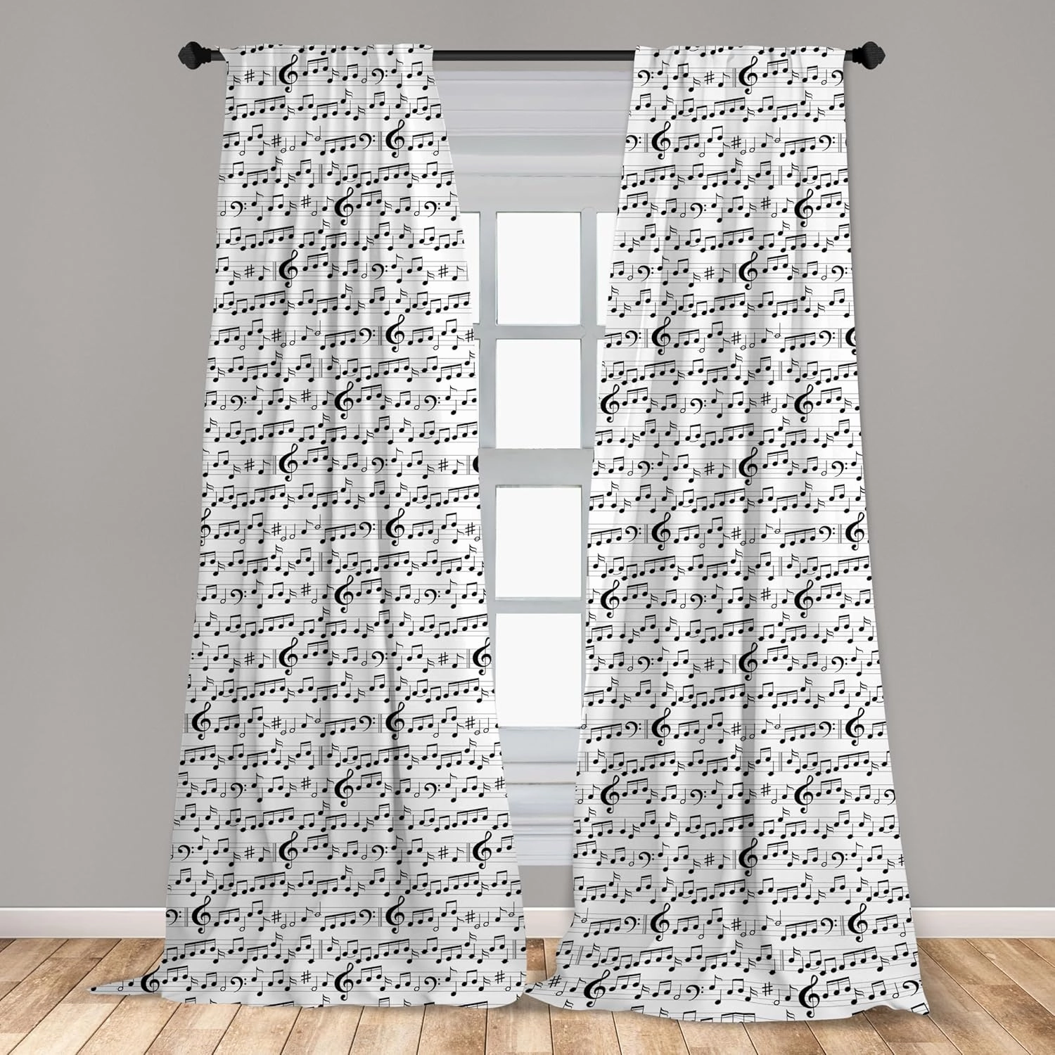 Ambesonne Music Window Curtains Pack of 2, Abstract Style Professional Pattern Notes and Clef Sheet Play Writing Print, Lightweight Set with Rod Pocket, 4 Panels of - 28" x 84", Black and White