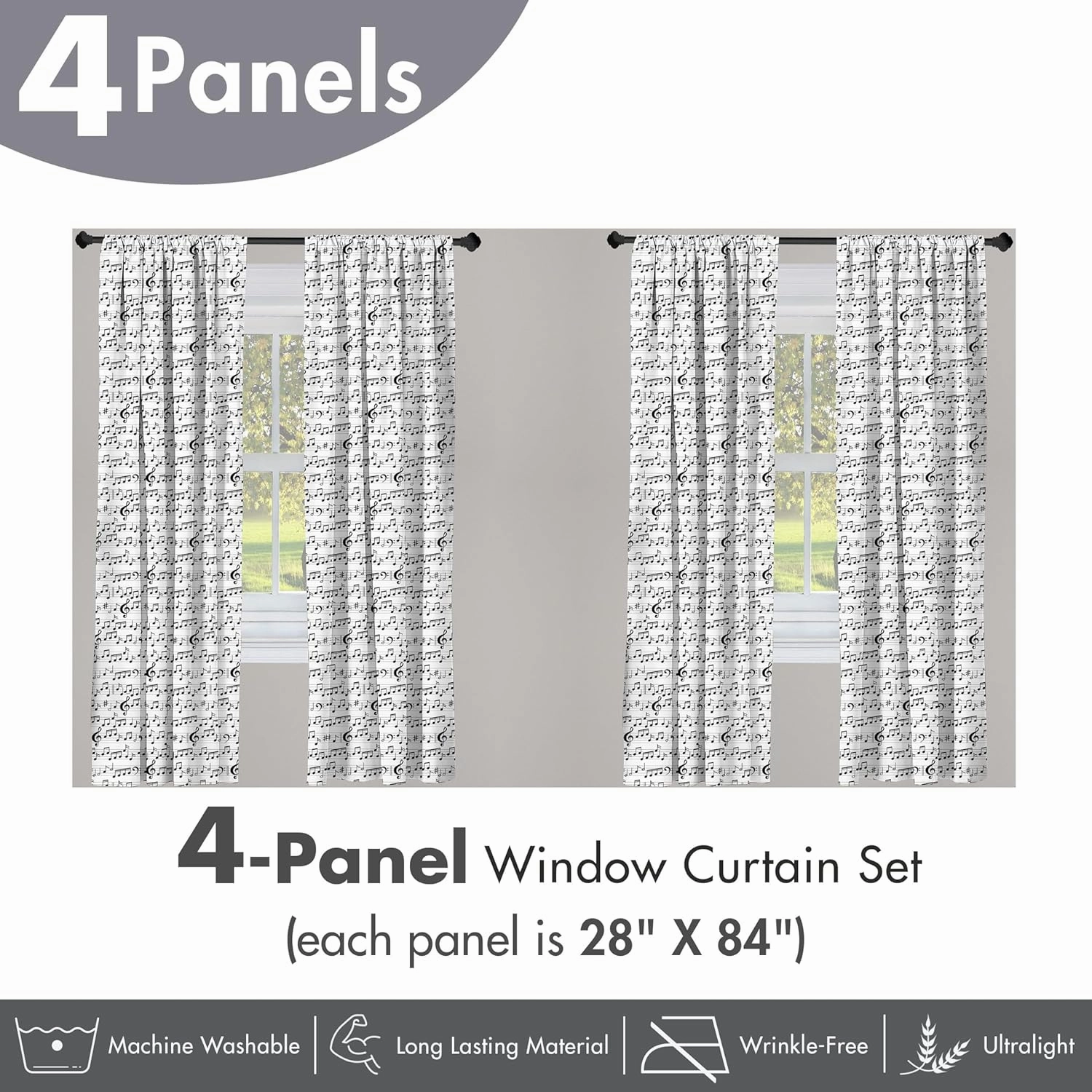 Ambesonne Music Window Curtains Pack of 2, Abstract Style Professional Pattern Notes and Clef Sheet Play Writing Print, Lightweight Set with Rod Pocket, 4 Panels of - 28" x 84", Black and White