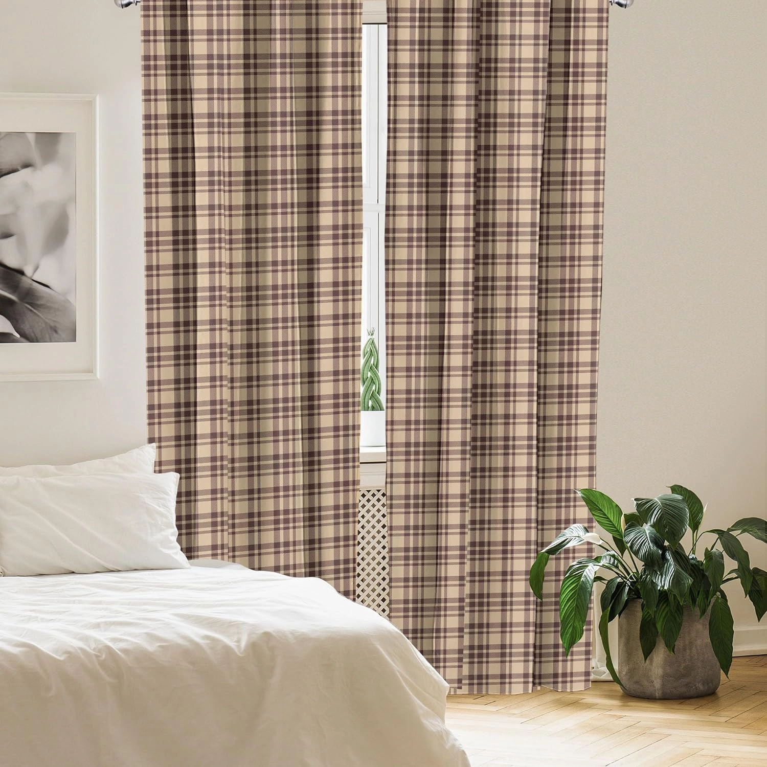 Ambesonne Tan and Brown Window Curtains Pack of 2, Old Fashioned Check Plaid Pattern Scottish Tartan Inspired Geometric Design, Lightweight Set with Rod Pocket, 4 Panels of - 28" x 84", Brown Tan