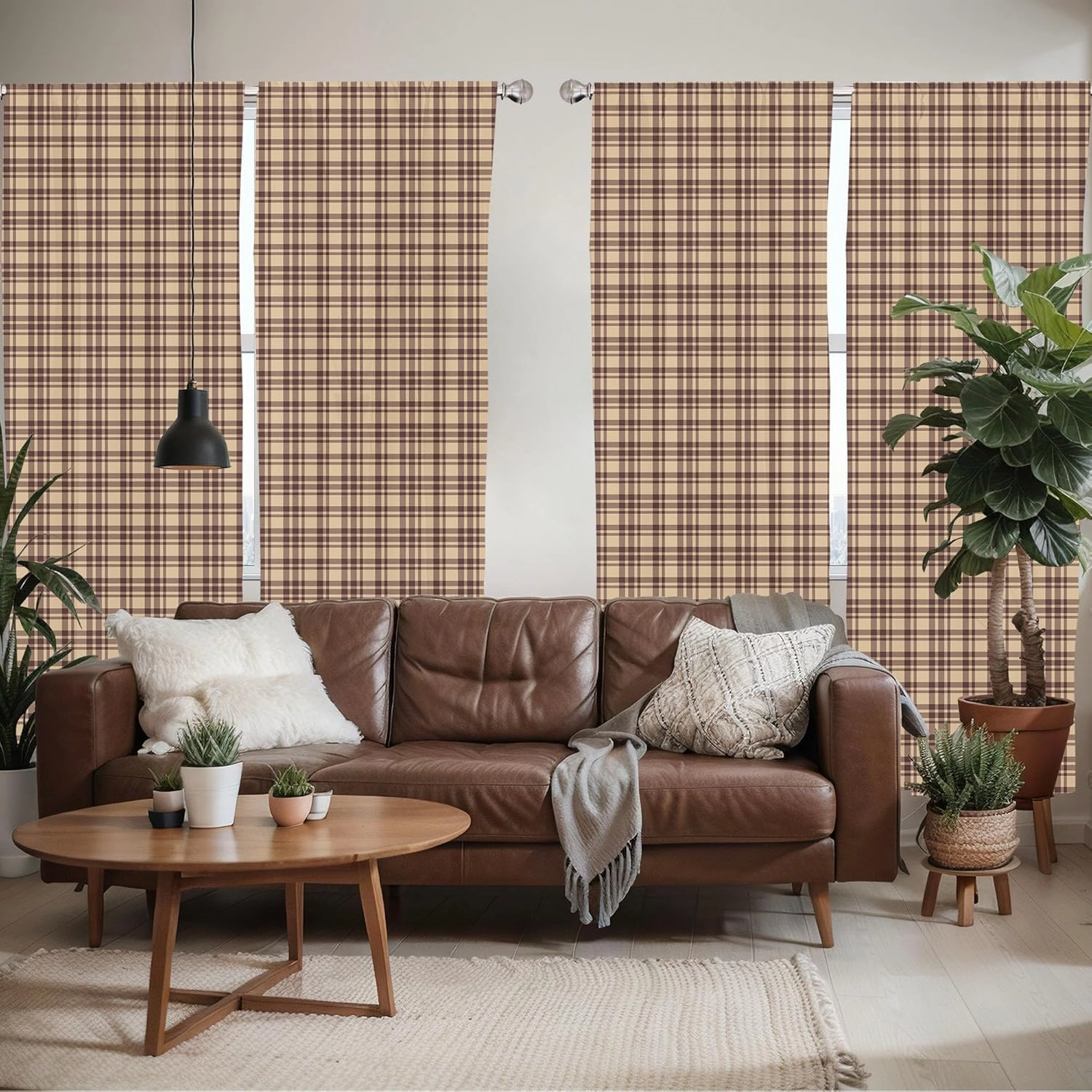 Ambesonne Tan and Brown Window Curtains Pack of 2, Old Fashioned Check Plaid Pattern Scottish Tartan Inspired Geometric Design, Lightweight Set with Rod Pocket, 4 Panels of - 28" x 84", Brown Tan