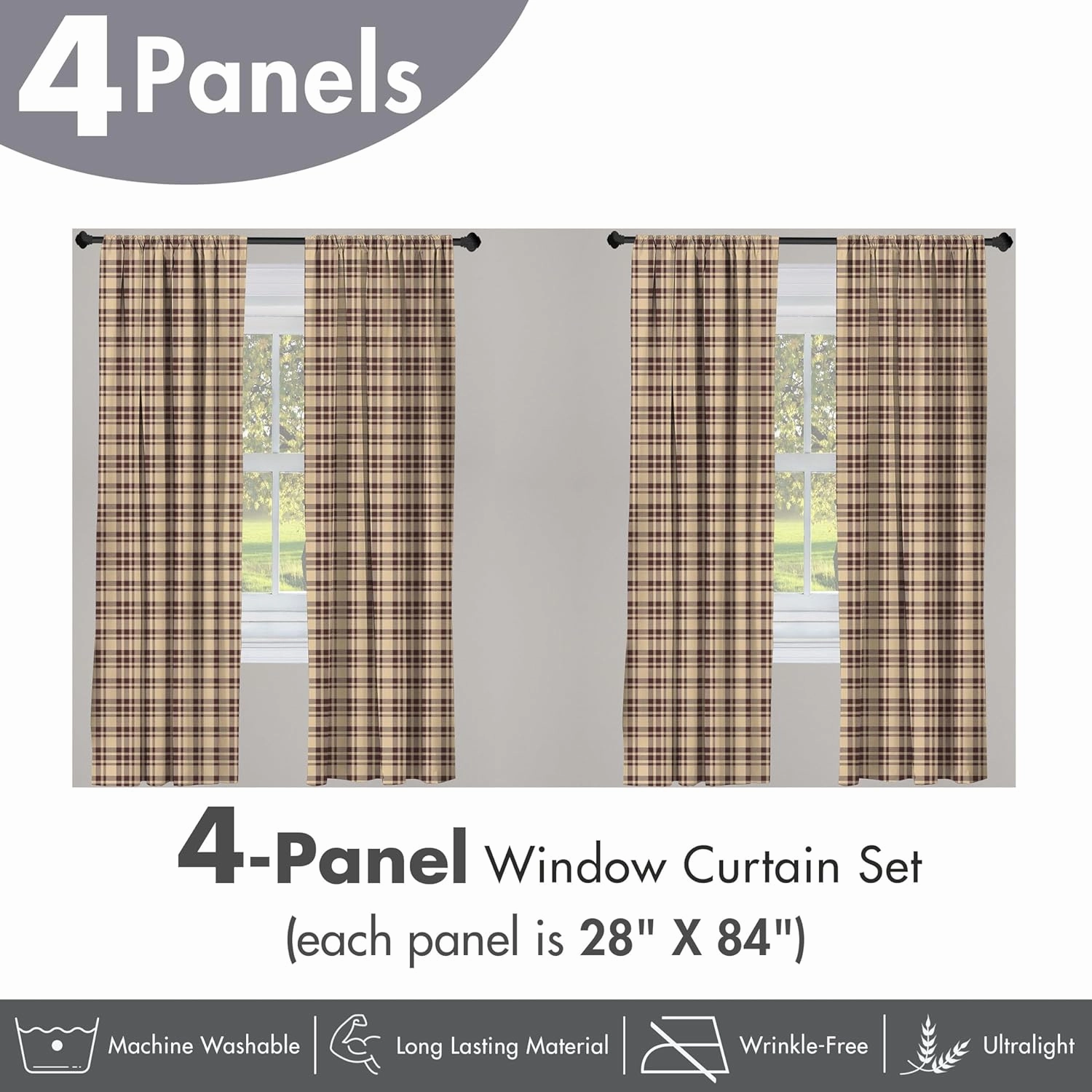 Ambesonne Tan and Brown Window Curtains Pack of 2, Old Fashioned Check Plaid Pattern Scottish Tartan Inspired Geometric Design, Lightweight Set with Rod Pocket, 4 Panels of - 28" x 84", Brown Tan
