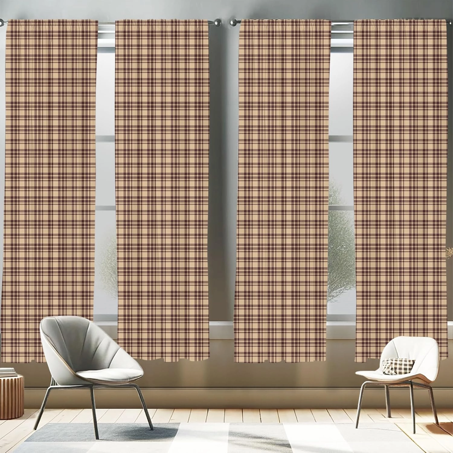 Ambesonne Tan and Brown Window Curtains Pack of 2, Old Fashioned Check Plaid Pattern Scottish Tartan Inspired Geometric Design, Lightweight Set with Rod Pocket, 4 Panels of - 28" x 84", Brown Tan