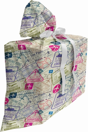 Ambesonne Travel Fabric Gift Bag, Passport and Visa Stamps Illustration of Toronto Hong Kong Berlin Print, Present Sack for Parties Birthdays with 3 Ribbons, 27, Eggshell and Pink