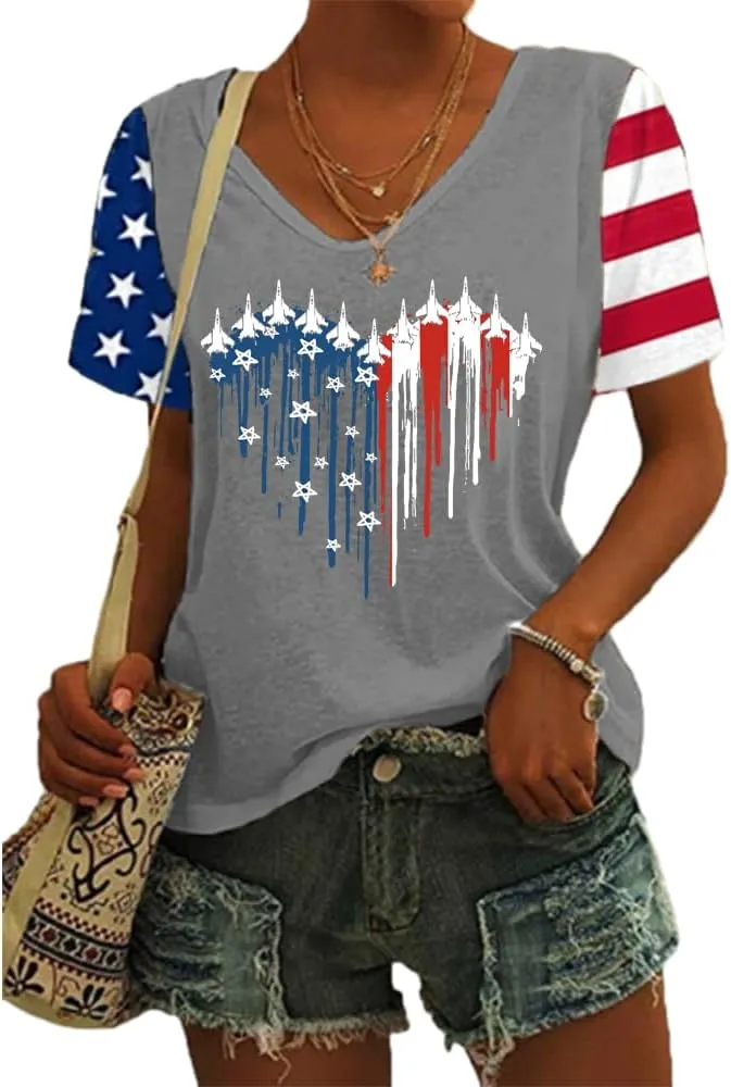 American Flag Fighter Jet Airplane Shirt 4th of July Plane Air Force Shirt Red White Blue Patriotic USA Flag Tops