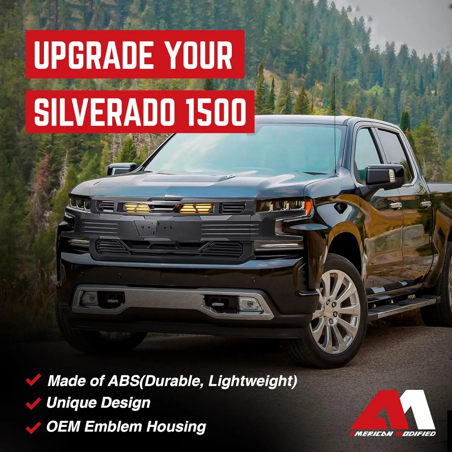 American Modified LED Armor Grille with Lights for 2019-2021 Chevy Silverado 1500, Matte Black